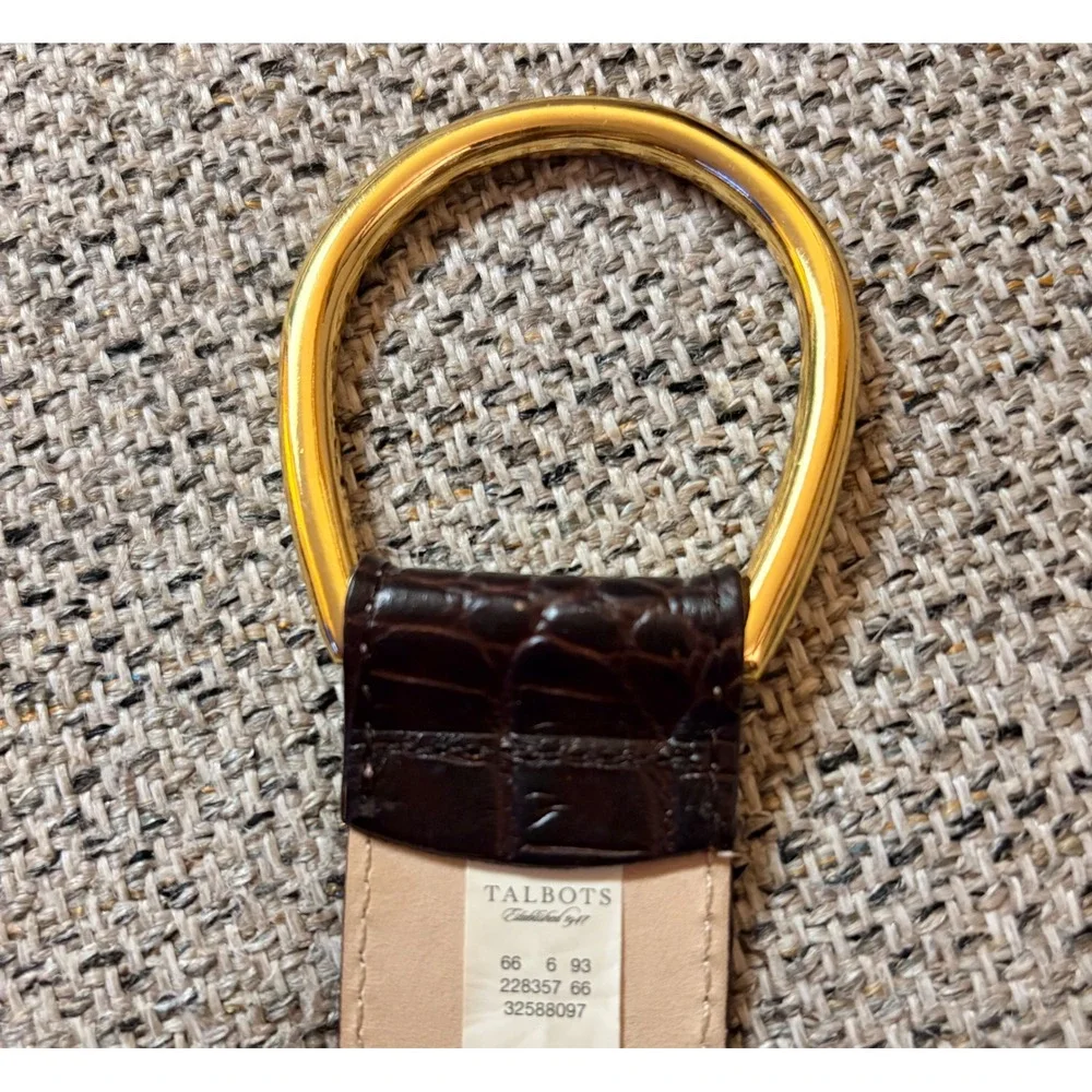 Talbots Womens Genuine Leather Belt Crocodile Embossed Brass Buckle L‎ EUC